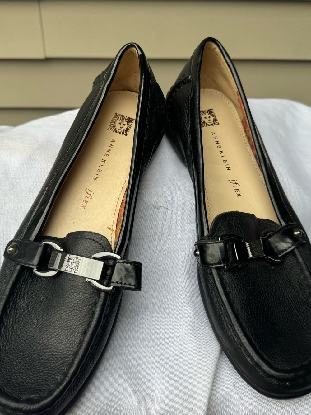 Anne Klein Black Leather Loafers with Silver Bit Detail